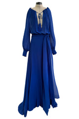 Superb Spring 2013 Yves Saint Laurent Hedi Slimane Debut Runway Blue Dress Silk Chiffon w Matching Cape & Sash