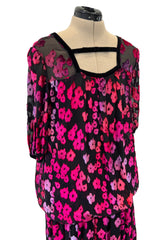 Prettiest 1970s Courreges Bright Pink Floral Velvet on Black Silk Chiffon Dress w Numbred Label