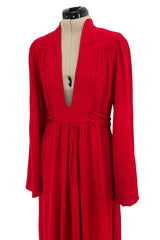 Amazing 1970 Ossie Clark 'Graduation' Deep Front Plunge Maxi Dress in a Red Moss Crepe