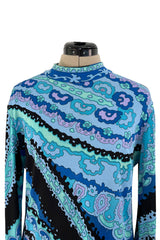 Chic Little 1970s Leonard Ocean Blues Printed Silk Jersey Untra Mini Dress or Tunic