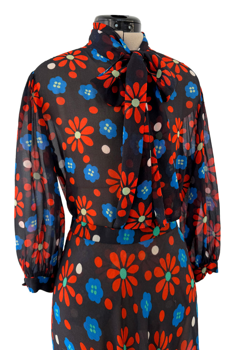 Outstanding Spring 1974 Yves Saint Laurent Floral Print Silk Chiffon Top & Skirt Set