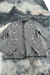 Wonderful 1980s Moser Deep Grey Colour Hand Knit Cardigan Sweater w Floral Details & Metal Buttons