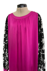 Flapper Inspired 1980s Yves Saint Laurent Easy Fit Brilliant Pink Silk Dress w Black Floral Lace Sleeves