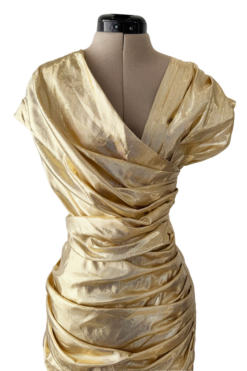 Museum Held 1986 Thierry Mugler Gold Feather Light Lame Dress w Gathered Sides