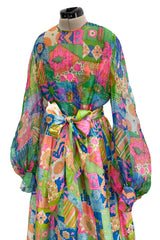 Fantastic Spring 1969 Kiki Hart Multi Colour Floral & Pattern Silk & SIlk Organza Dress w Balloon Sleeves