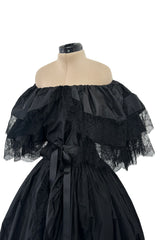 Dramatic 1970s Louis MiesOff Shoulder Haute Couture Silk Dress w Hand Made Lace & Full Skirt