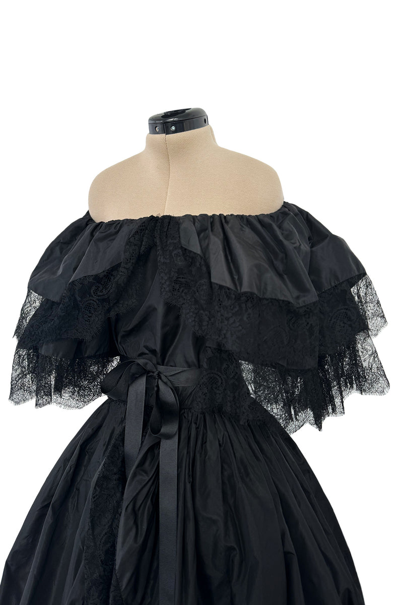 1970s Louis Mies Haute Couture Off Shoulder Silk Taffeta Dress w Hand Made Lace Detailing