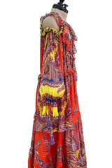 Recent Etro Gorgeous Printed Coral Ribbon Silk Chiffon Caftan Dress w Plunge Lace Up Neckline