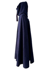 Fabulous  Fall 1976 Yves Saint Laurent Striped Blue Wool Knee Length Cape w Hood & Tassel Detailing