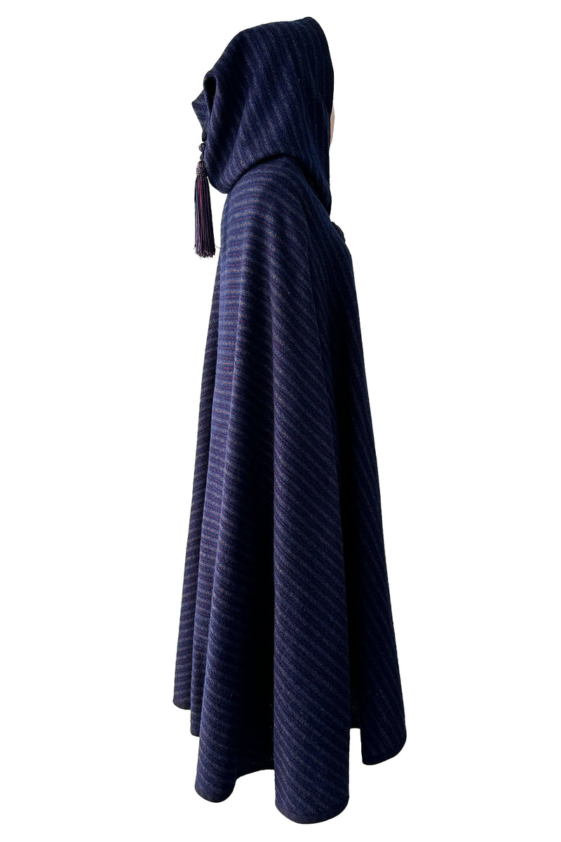 Fabulous  Fall 1976 Yves Saint Laurent Striped Blue Wool Knee Length Cape w Hood & Tassel Detailing