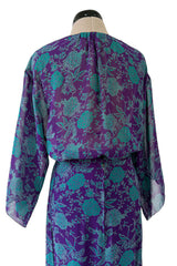 1976 Christian Dior by Marc Bohan Printed Purple & Turquoise Silk Chiffon Skirt & Jacket Set