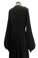 Exceptional 1970s George Stavropoulos Couture Black Silk & Bias Cut Dress w Balloon Sleeves & Flowing Skirt