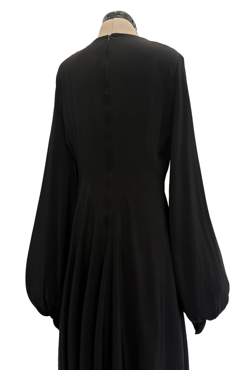 Exceptional 1970s George Stavropoulos Couture Black Silk & Bias Cut Dress w Balloon Sleeves & Flowing Skirt