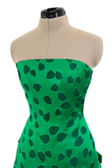 1980s Arnold Scaasi Brillaint Emerald Green Strapless Dress w Woven Heart Print & Bows
