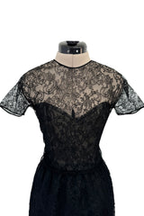 Incredible 1990s Oscar de la Renta Fine Black Lace Dress w Full Ruffled Skirt