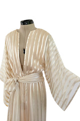 Important & Rare Resort 1976 Halston Couture Ivory Silk Ribbon Chiffon Jumpsuit w Original Sash