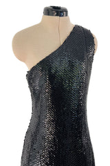 Museum Held 1974 Bill Blass One Shoulder Glossy Black Sequin Dress w Asymetrical Fringe Hem