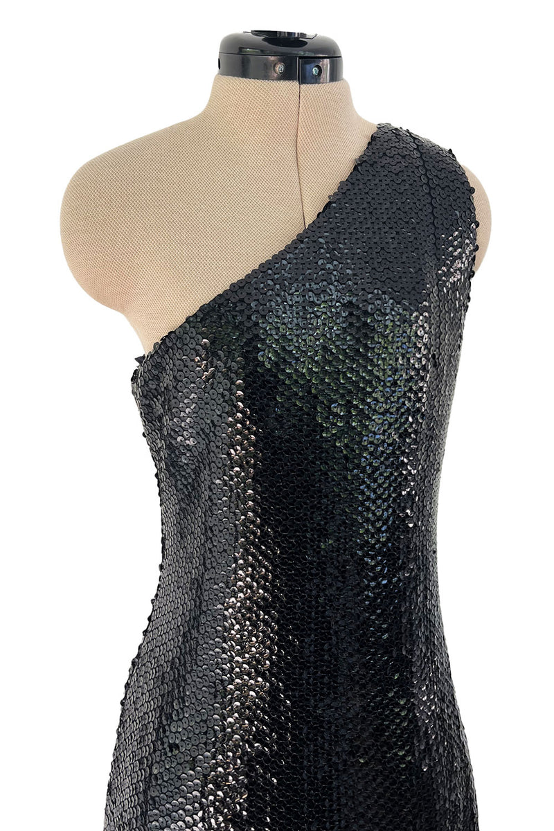 Museum Held 1974 Bill Blass One Shoulder Glossy Black Sequin Dress w Asymetrical Fringe Hem
