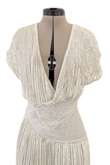 Prettiest 1970s Lillie Rubin Ivory Fully Sequinned & Applied Tube Beads on Silk Chiffon Dress
