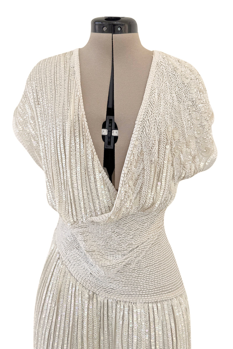 Prettiest 1970s Lillie Rubin Ivory Fully Sequinned & Applied Tube Beads on Silk Chiffon Dress