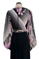 Prettiest 1970s Leonard Paris Printed Silk & Black Jersey Dress w Plunge Front & Silk Chiffon Sleeves