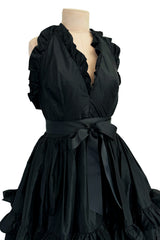 c 1970 Oscar de la Renta Black Silk Taffeta Backless Halter Neck Dress w Extensive Ruffle Detailing