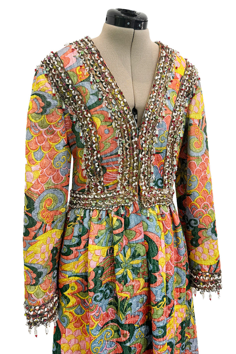 Wonderful 1968 Oscar de la Renta Gold Metallic Thread Silk Brocade Dress w Extensive Beadwork