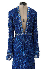 Documented 1970 Oscar de la Renta Brilliant Blue Sequin & Rhinestone Plunge Dress