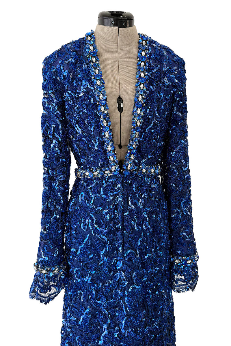 Documented 1970 Oscar de la Renta Brilliant Blue Sequin & Rhinestone Plunge Dress