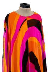 Spectacular c.1972 La Mendola Brilliant Pink, Orange, Tangerine & Black Silk Chiffon Caftan w Floor Length Cape Sleeves Sleeves
