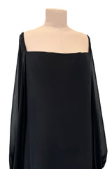 Minimalist c.1978 Pierre Cardin Haute Couture Black Silk Chiffon Dress w Huge Balloon Sleeves