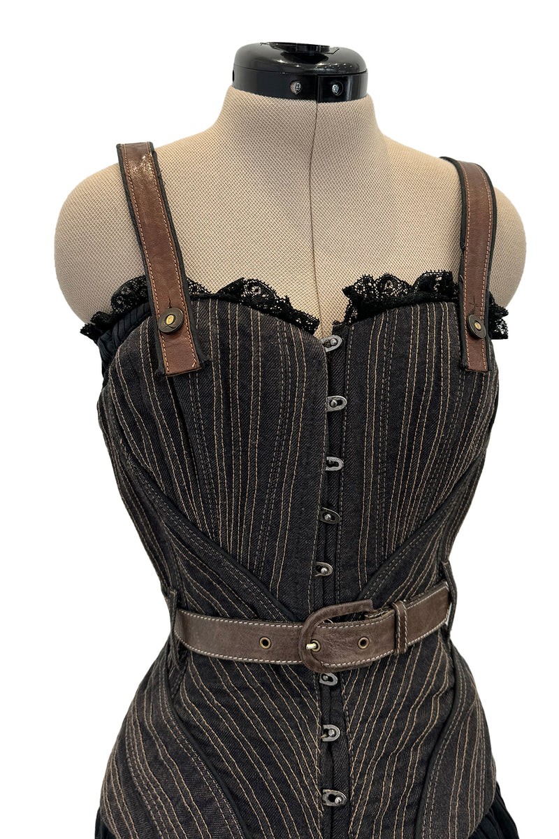 Exceptional Fall 2002 Alexander McQueen Runway Look 44 Corset Mini Dress w Leather Details