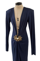 Iconic Spring 1985 Yves Saint Laurent Runway & Ad Campaign Plunge Dress w Jewel Clasp