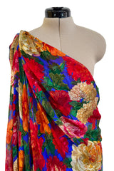 Exquisite Fall 1997 Yves Saint Laurent Brilliant Multi Floral Printed Silk Chiffon Bias Cut & Draped One Shoulder Dress
