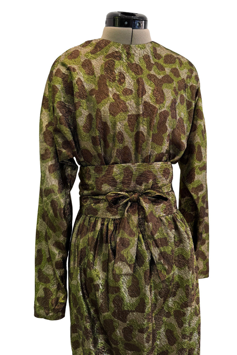 Fall 1979 Halston Runway Olive Brown & Deep Metallic Gold Leopard Print Bias Cut Dress w Belt