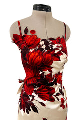 Rare & Beautiful 1950s Philip Hulitar Couture Dress w Fused Velvet Roses on a Rich Ivory Silk