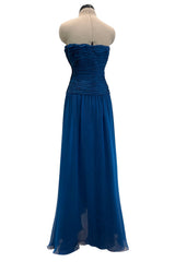 Prettiest Spring 1990 Oscar De La Renta Deep Sapphire Blue Silk Chiffon Strapless Dress w Matching Cape