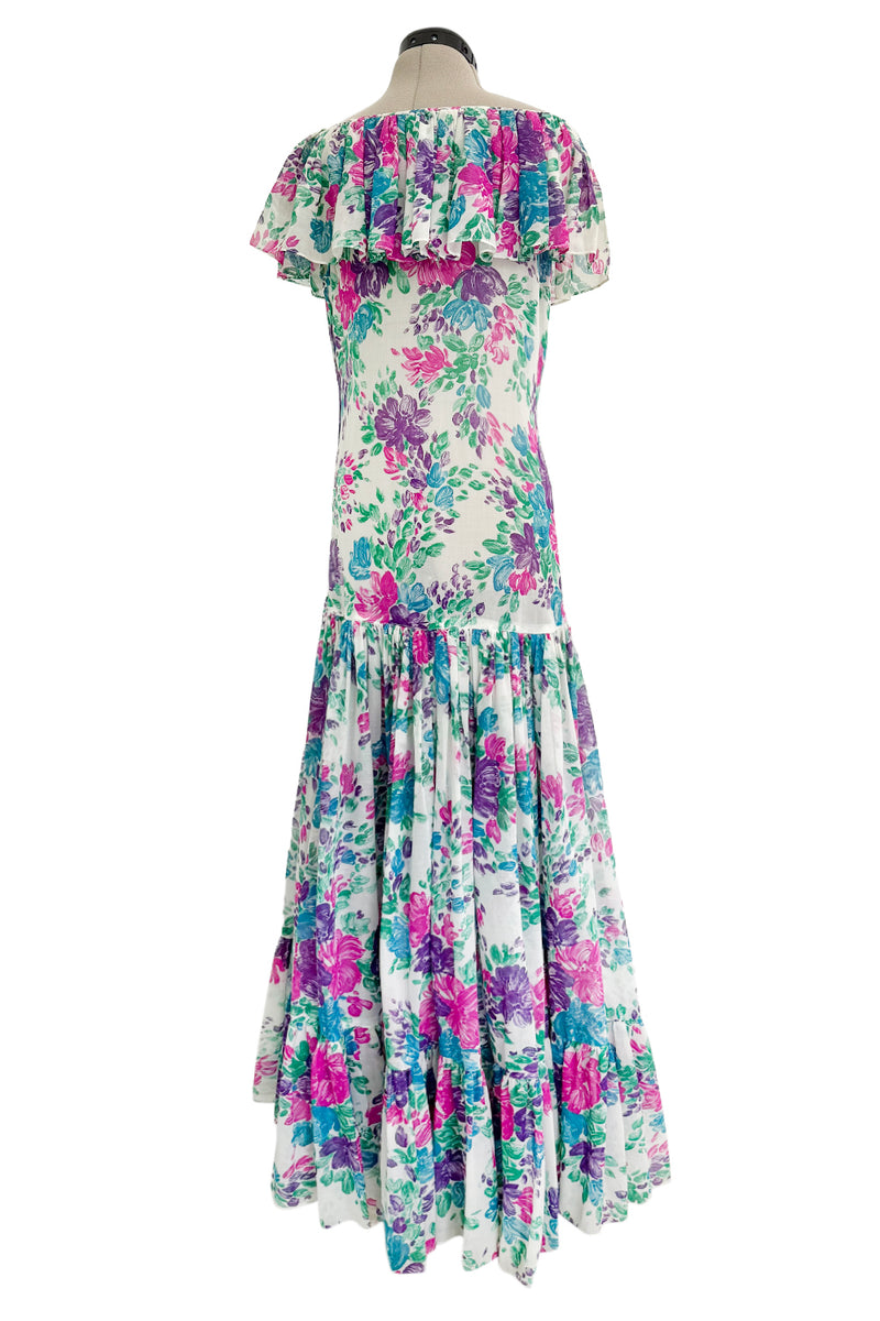 Prettiest Spring 1980 Yves Saint Laurent Floral Cotton Gauze Wide Shoulder Dress w Matching Tie Belt