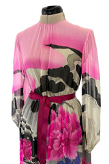 Romantic 1970s Hanae Mori Huge Pink Floral Print Silk Chiffon Dress w Grey Scale Backdrop
