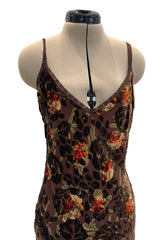 Beautiful Fall 2005 John Galliano Bias Cut Soft Brown Cut Devore Velvet & Chiffon Floral Print Dress