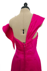 2000s Valentino Roma Brillaint & Vibrant Pink Silk One Shoulder Dress w Draped Front Panels