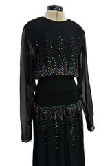 Spectacular 1970s Givenchy by Hubert de Givenchy Black Chiffon Dress w Colored Rhinestones