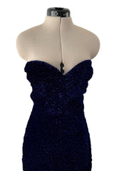 Fantastic Fall 1986 Yves Saint Laurent Runway Strapless Deep Purple-Blue Hand Gathered Velvet Dress