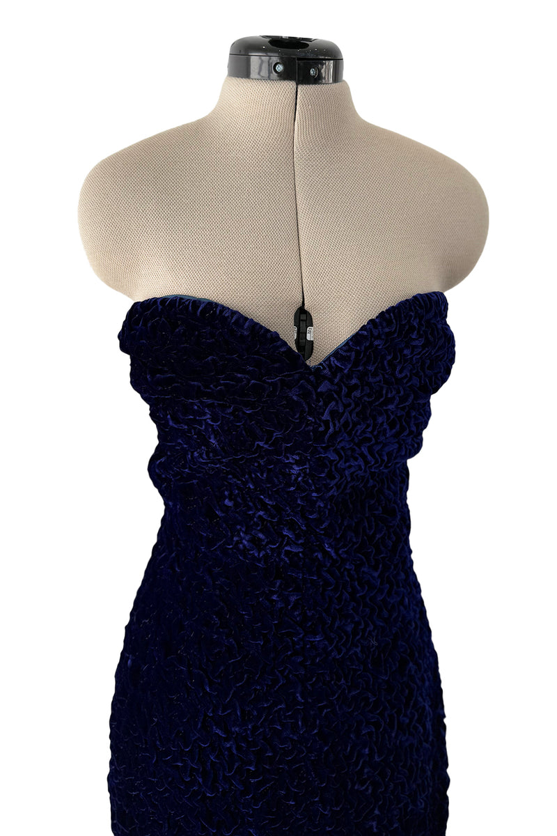 Fantastic Fall 1986 Yves Saint Laurent Runway Strapless Deep Purple-Blue Hand Gathered Velvet Dress