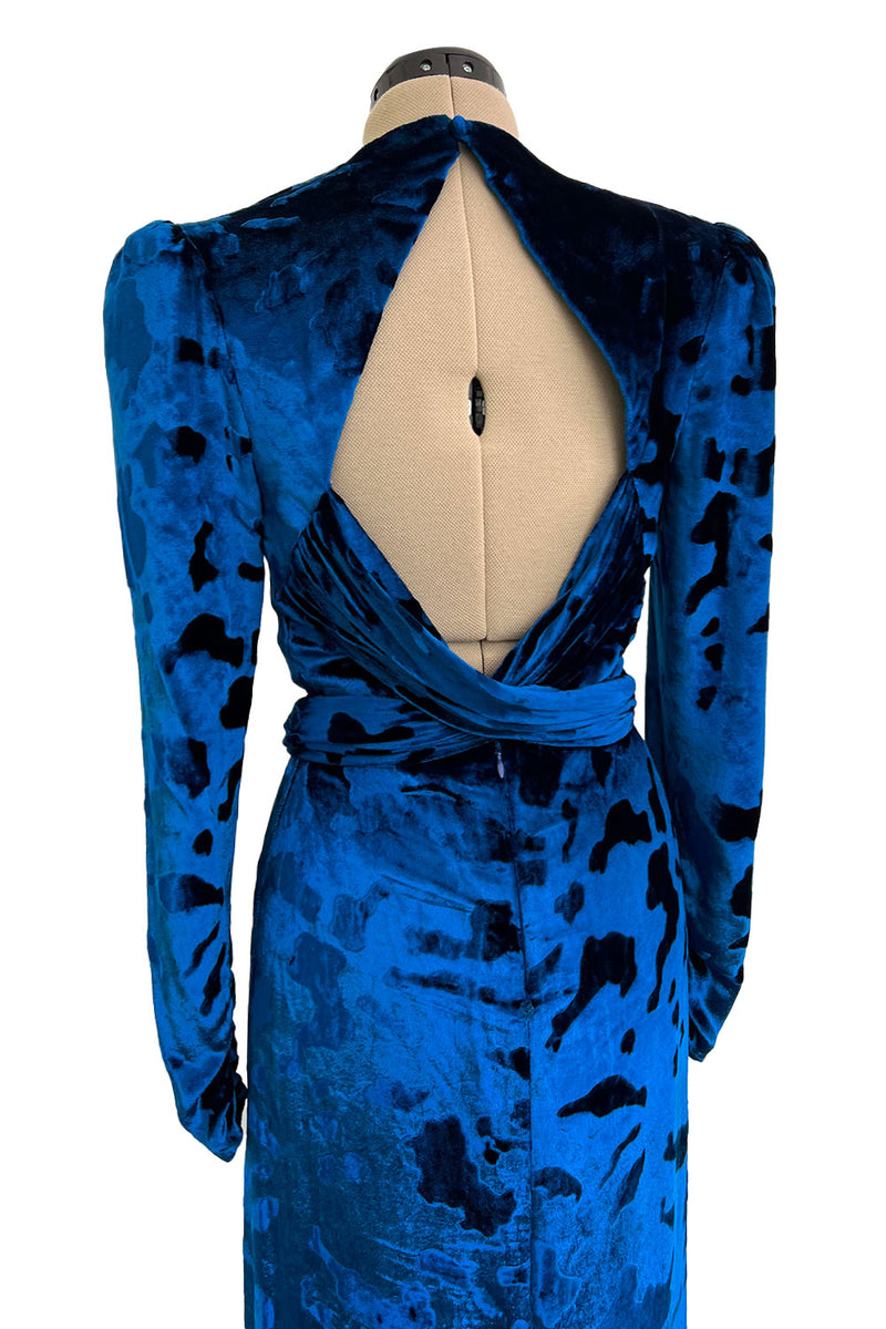 Fabulous Fall 1986 Bill Blass Runway Brilliant Blue Silk Velvet Dress w Open Cut Out Back