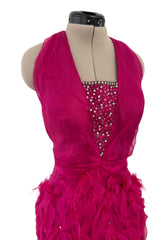 1990s Thierry Mugler Pink Silk Organza Halter Dress w Full Lower Skirts & Sequin Detailing