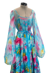 Prettiest 1970s Richilene Pastel Turquoise & Pink Floral Print Silk & Silk Chiffon Dress w Balloon Sleeves