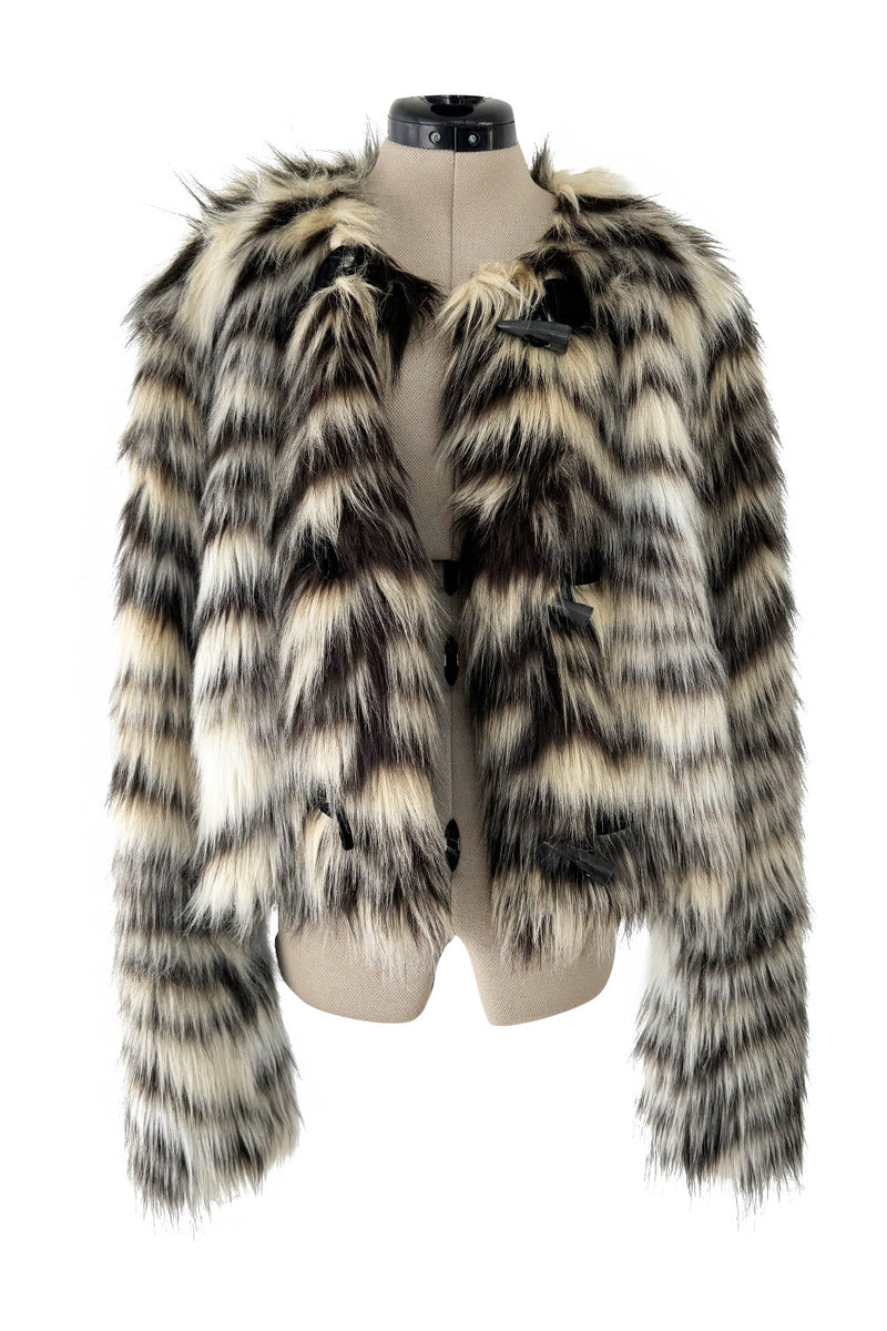 Fall 2015 Lanvin by Alber Elbaz Cropped Ivory & Black Shaggy Faux Fur Jacket w Toggle Closures