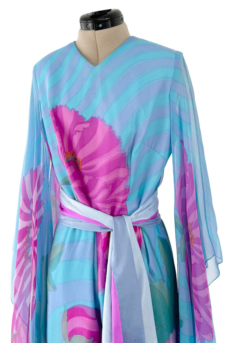 Fabulous 1970s Hanae Mori Couture Printed Silk Jumpsuit w Floor Length Angel Sleeves