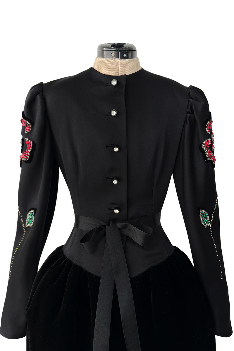 Fall 1978 Givenchy Haute Couture Original Runway Sample Black Silk & Velvet Dress w Beaded Sleeves